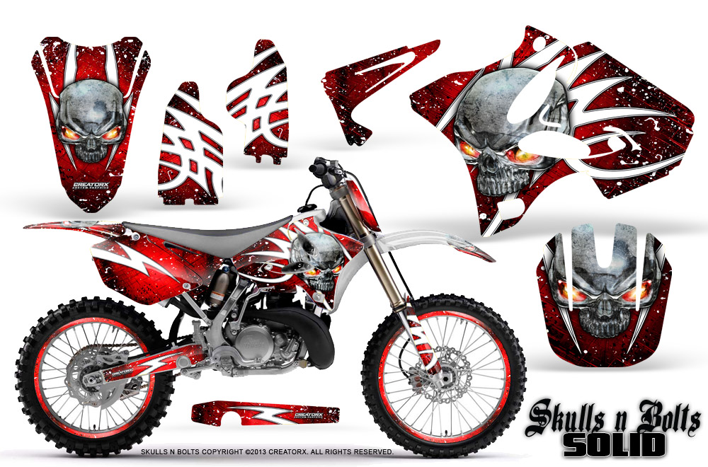 Yamaha YZ125-YZ250 02-12 Graphics Kit Skulls n Bolts Solid White Red NP Rims